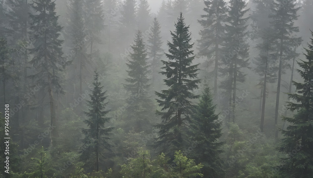 A serene and mysterious forest scene enveloped in thick fog. Tall, majestic evergreen trees dominate the landscape, their silhouettes fading into the misty background. The fog adds a layer of tranquil A serene and mysterious forest scene enveloped in thick fog. Tall, majestic evergreen trees dominate the landscape, their silhouettes fading into the misty background. The fog adds a layer of tranquil
