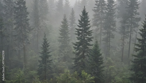 A serene and mysterious forest scene enveloped in thick fog. Tall, majestic evergreen trees dominate the landscape, their silhouettes fading into the misty background. The fog adds a layer of tranquil