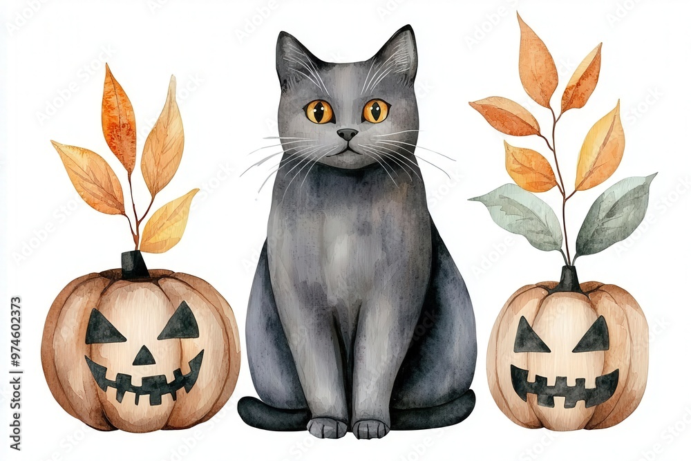 A charming gray cat sits between two playful pumpkins, capturing the spirit of Halloween with whimsical autumn leaves. A charming gray cat sits between two playful pumpkins, capturing the spirit of Halloween with whimsical autumn leaves.