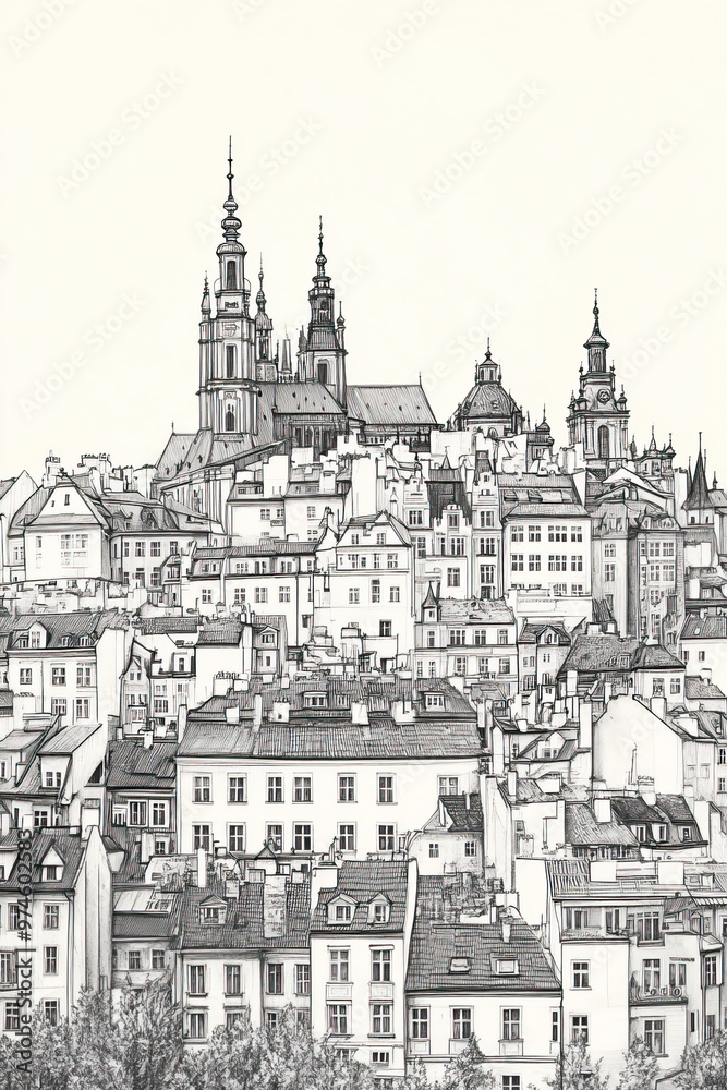 Fototapeta premium Brno, Czech, black and white pen pencil hand-drawn effect portrait drawing illustration for travel poster, card, wallpaper, backdrop or banner. Modern, clear, artistic and simple