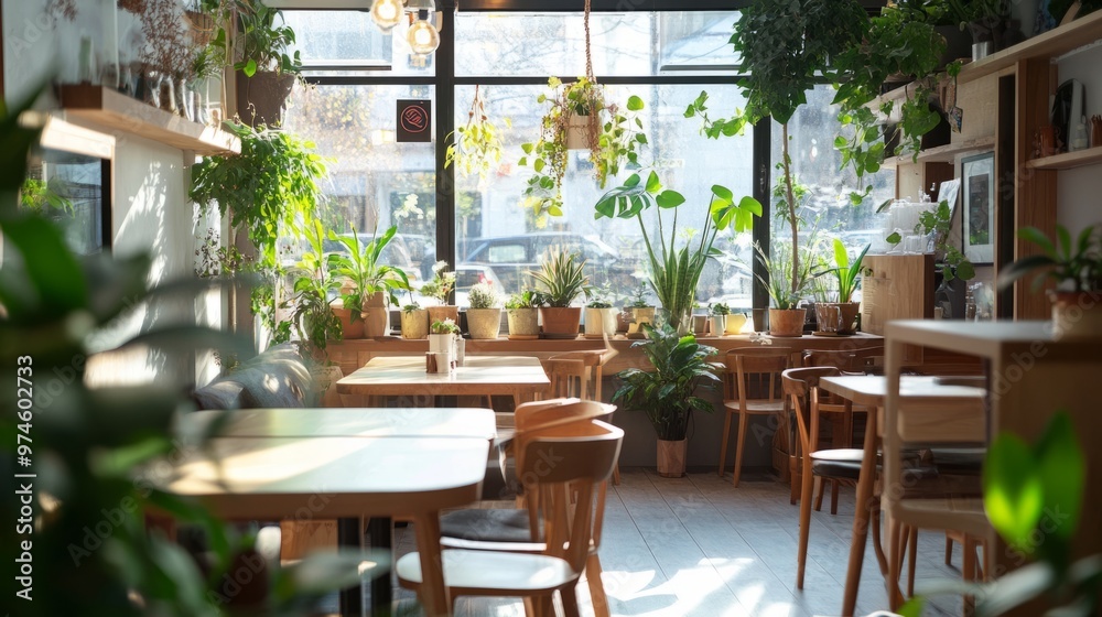 Obraz premium Cozy Cafe with Modern Decor: Plants, Wooden Tables & Delicious Coffee