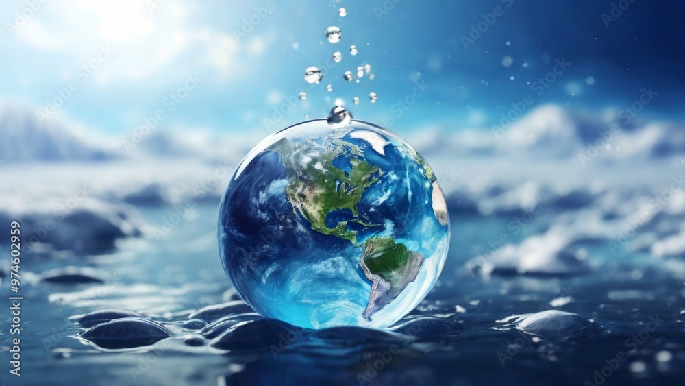 A single drop of water and a bright image of the Earth in it, highlighted on a blue background, with high detail, World Water Day
A single drop of water and a bright image of the Earth in it, highlighted on a blue background, with high detail, World Water Day