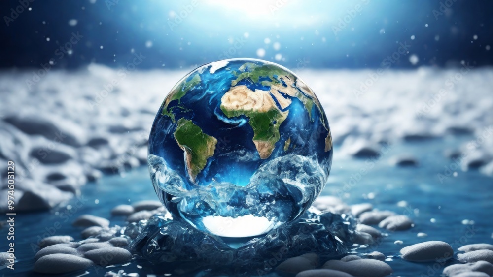 A single drop of water and a bright image of the Earth in it, highlighted on a blue background, with high detail, World Water Day
A single drop of water and a bright image of the Earth in it, highlighted on a blue background, with high detail, World Water Day