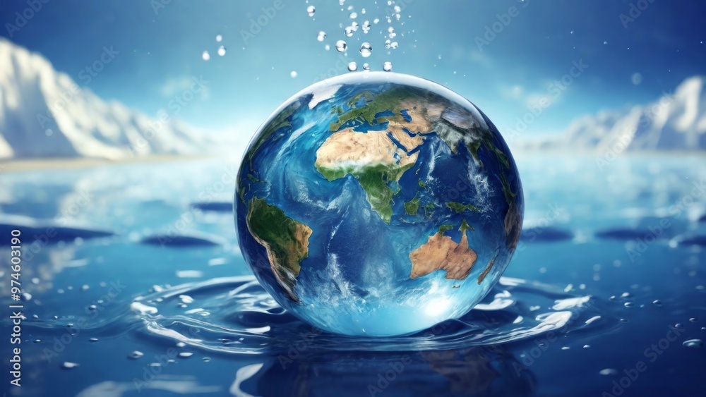 A single drop of water and a bright image of the Earth in it, highlighted on a blue background, with high detail, World Water Day
A single drop of water and a bright image of the Earth in it, highlighted on a blue background, with high detail, World Water Day