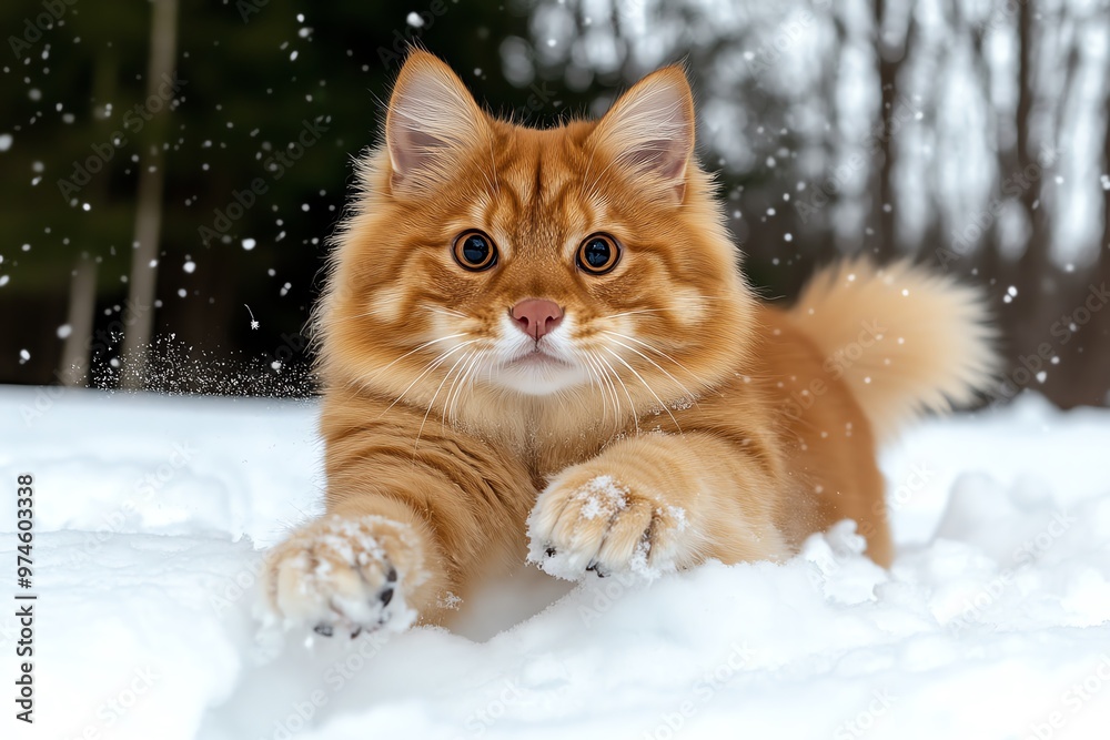 Fototapeta premium A Maine Coon pouncing playfully through the snow, its long coat and large paws perfectly adapted for the cold