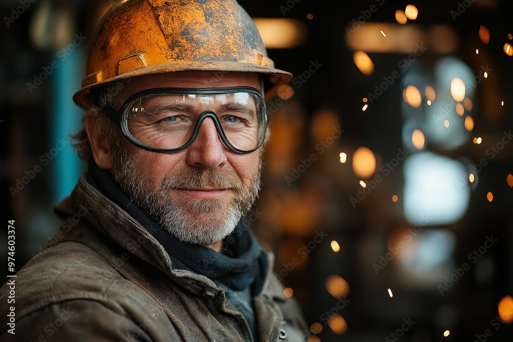 A man wearing a hard hat and safety glasses is smiling. He is wearing a brown jacket and a black scarf A man wearing a hard hat and safety glasses is smiling. He is wearing a brown jacket and a black scarf