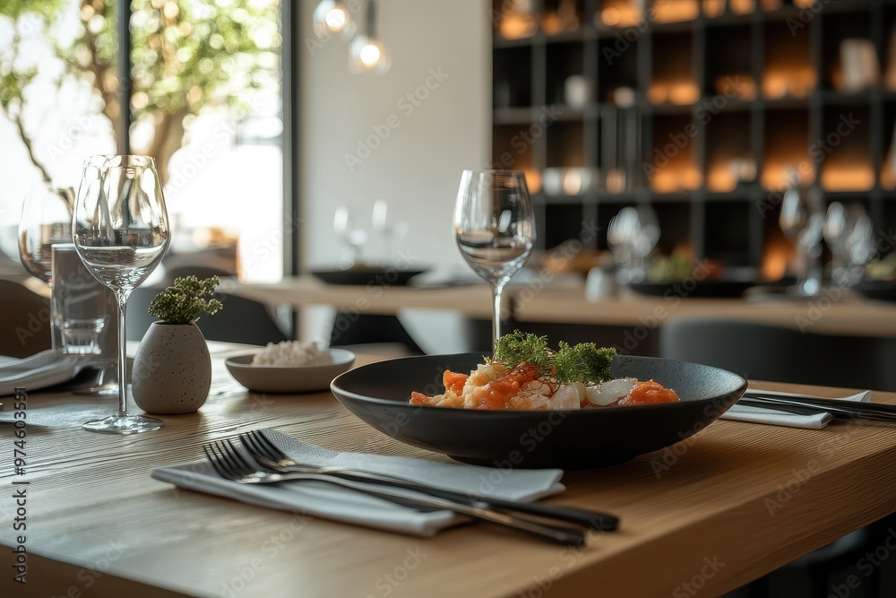 Fototapeta premium A modern dining setup featuring a dish, cutlery, and elegant decor in a restaurant.