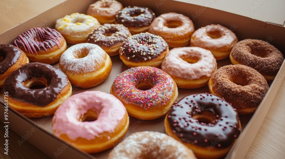 A high-angle view of a box of assorted donuts with an open lid, showcasing a mix of flavors and designs, perfect for a morning treat. A high-angle view of a box of assorted donuts with an open lid, showcasing a mix of flavors and designs, perfect for a morning treat.