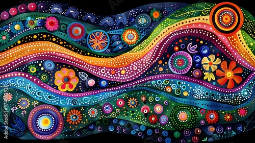 An Aboriginal dreamtime painting, with intricate dot patterns that tell stories of creation and the natural world. The vibrant colors and detailed designs reflect the deep spiritual and cultural