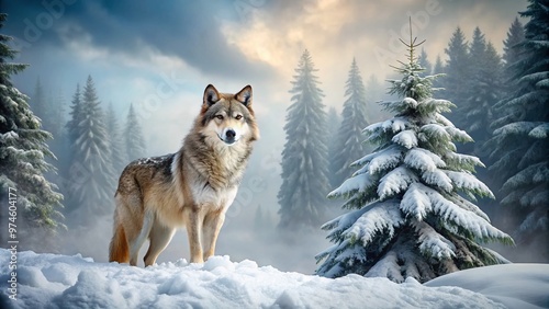 Majestic gray wolf stands proudly in a serene winter wonderland, surrounded by snow-covered evergreen trees and a soft, misty fog rolling in. photo