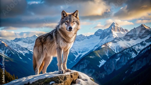 Majestic gray wolf with piercing yellow eyes and snowy fur stands proudly on a rugged mountain peak, exuding confidence and raw wilderness power. photo