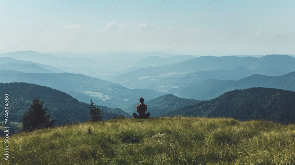 Person sitting on grassy hilltop, admiring vast view of rolling hills and valleys in tranquil setting. Scenic outdoor landscape, peaceful nature.