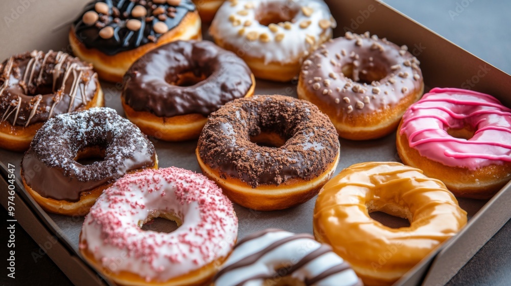 A high-angle view of a box of assorted donuts with an open lid, showcasing a mix of flavors and designs, perfect for a morning treat. A high-angle view of a box of assorted donuts with an open lid, showcasing a mix of flavors and designs, perfect for a morning treat.
