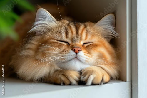 A Persian cat curled up in a cozy corner, purring softly while its plush fur blankets it in warmth photo