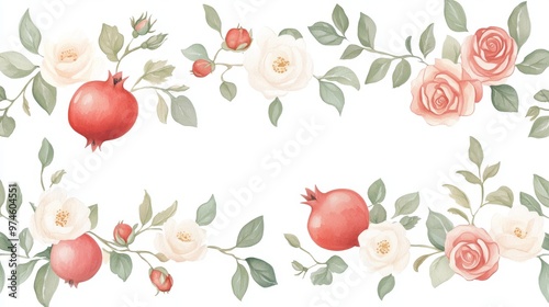 Wallpaper Mural An elegant floral border featuring pomegranates and roses, perfect for invitations, backgrounds, and decorative designs. Torontodigital.ca