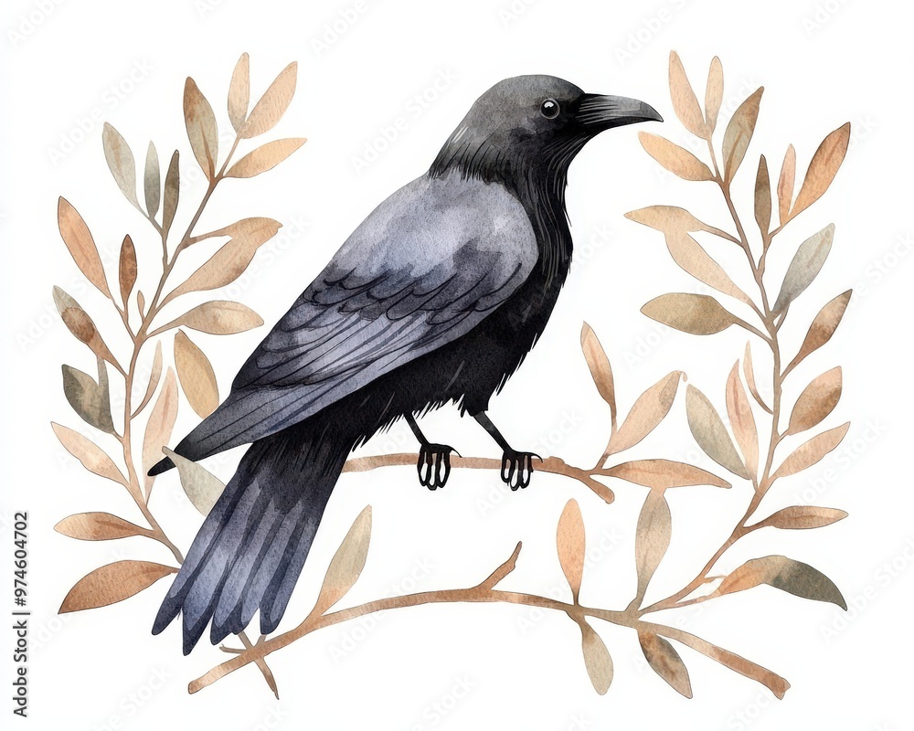 Fototapeta premium A beautiful illustration of a black bird perched among delicate foliage. Perfect for nature-themed designs.