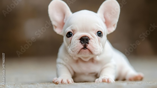 A captivating and endearing photograph of a young bulldog puppy with large, prominent ears, looking curiously at the camera, highlighting its inquisitive nature. photo