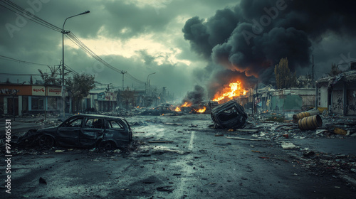 A destroyed car burning in a desolate, graffiti-covered urban street, surrounded by rubble and smoke after a violent riot.
