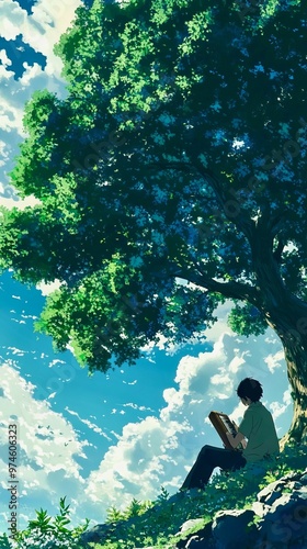 anime character playing a musical instrument under a tree smartphone wallpaper