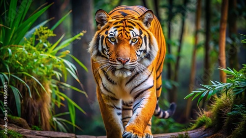 Majestic Panthera tigris, the orange and black striped carnivorous mammal, roams freely in its natural habitat, showcasing its powerful muscles and regal demeanor. photo