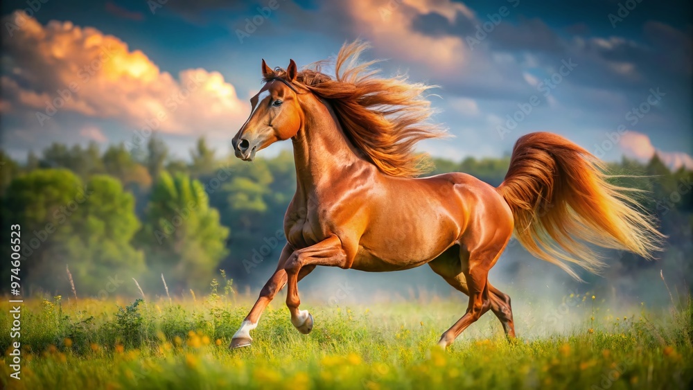 Majestic Polish Arabian stallion with a gleaming chestnut coat, arching neck, and flowing mane, prancing in a sun-drenched meadow with wind-swept plumage. Majestic Polish Arabian stallion with a gleaming chestnut coat, arching neck, and flowing mane, prancing in a sun-drenched meadow with wind-swept plumage.