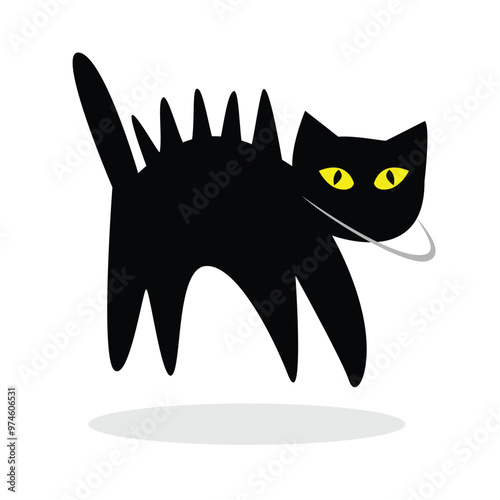 Cartoon black cat silhouette. Shock kitten expression.