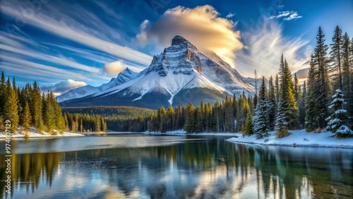 Majestic snow-capped mountain peak rises sharply above serene frozen lake surrounded by evergreen trees under a crisp blue sky with wispy cirrus clouds. photo