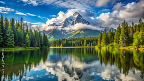 Majestic snow-capped mountain peak rises above serene alpine lake, surrounded by lush green forests and towering trees, under a bright blue sky with fluffy white clouds.