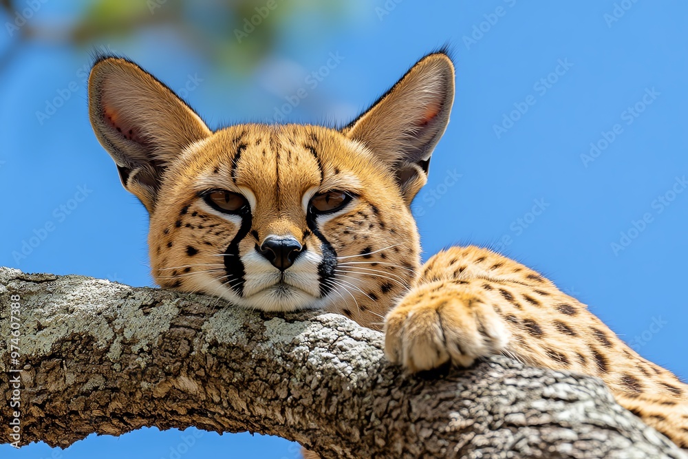 A Savannah lounging on a high perch, its long legs and large ears giving it a majestic, exotic appearance A Savannah lounging on a high perch, its long legs and large ears giving it a majestic, exotic appearance