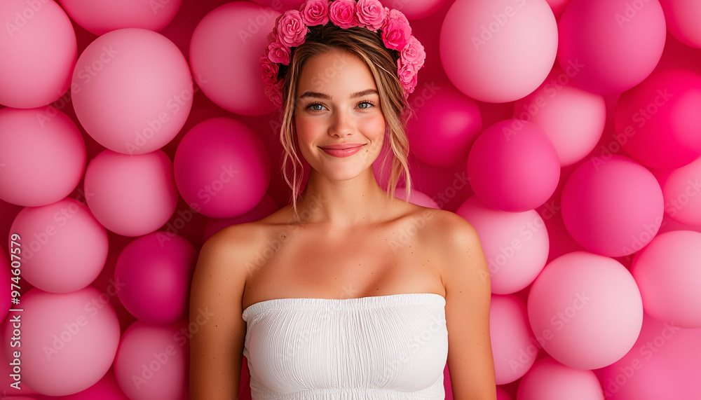 A cheerful young woman smiles against a vibrant pink balloon backdrop, wearing a floral crown A cheerful young woman smiles against a vibrant pink balloon backdrop, wearing a floral crown