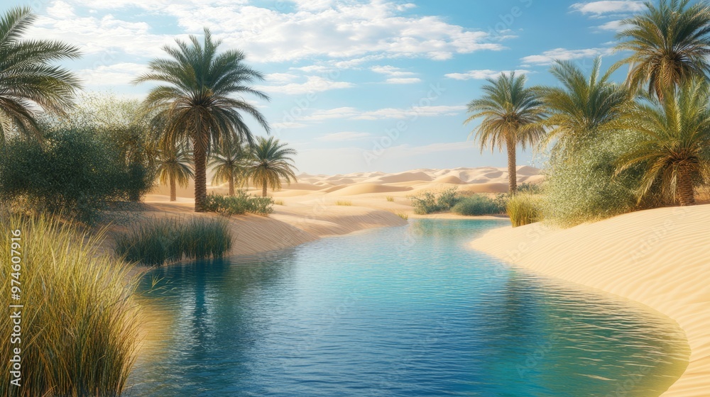 Escape to Paradise: Palm Trees, Sparkling Pool, and Endless Sand Dunes Escape to Paradise: Palm Trees, Sparkling Pool, and Endless Sand Dunes
