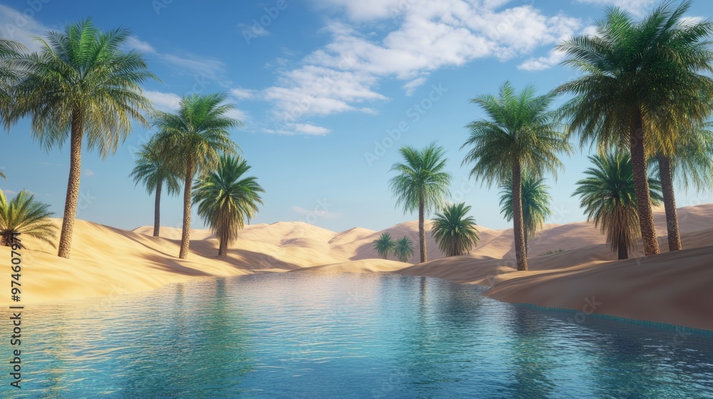 Fototapeta premium Escape to a Desert Oasis: Palm Trees, Sparkling Pool, and Endless Dunes