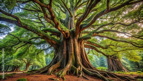 Majestic trees stand tall with rugged, thick bark, weathered to perfection, their gnarled trunks a testament to the passage of time and the fury of nature. photo