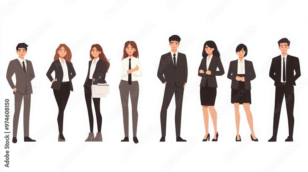 Obraz premium Characters of young business professionals in a minimalist style, displaying emotions like confidence, ambition, and frustration, white background 