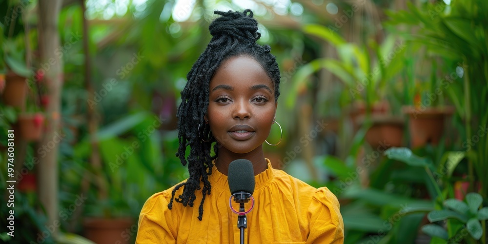 Professional studio filming with a model in a vibrant yellow outfit surrounded by greenery