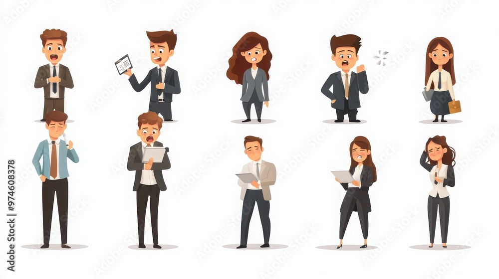 Characters of young businesspeople in a variety of work-related emotions, such as concentration, satisfaction, and stress, white background Characters of young businesspeople in a variety of work-related emotions, such as concentration, satisfaction, and stress, white background