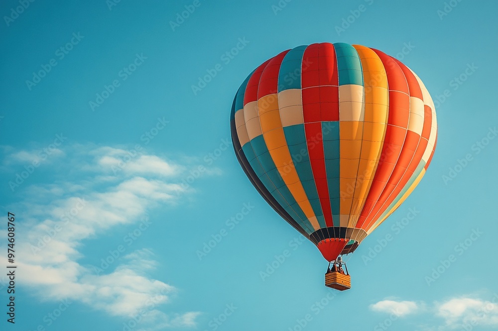 A colorful hot air balloon floating against a clear blue sky A colorful hot air balloon floating against a clear blue sky