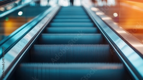 An angled close-up shot of a modern escalator staircase, focusing on the steps and the sleek metal lines, with a slight blur of motion indicating movement and direction.