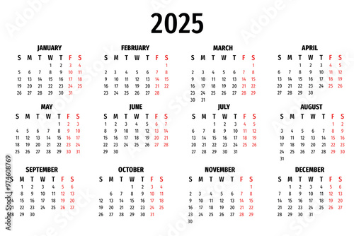 Calendar for 2025. Layout of the calendar. 2025.