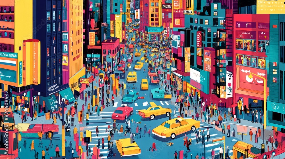 Obraz premium Vibrant Cityscape: Digital Art Illustration of a Bustling Metropolis