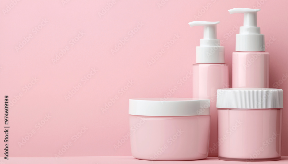 Elegant arrangement of pink cosmetic containers on a soft pink background Elegant arrangement of pink cosmetic containers on a soft pink background