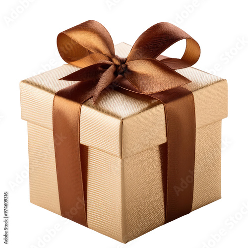 A beautifully wrapped gift box with a brown satin ribbon isolated on a white background, transparent background.