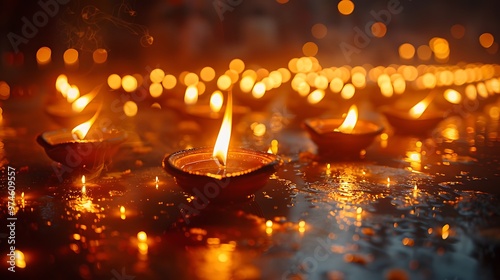 A vibrant Diwali celebration, with hundreds of oil lamps lit to symbolize the victory of light over darkness. The scene is filled with the warm glow of the lamps and the joy of the festival, 