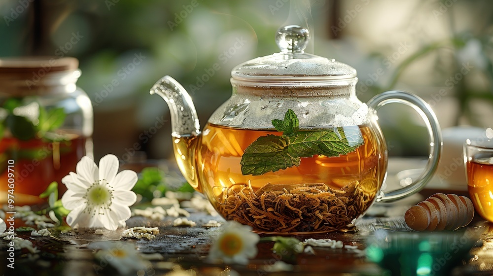 A glass teapot with steaming herbal tea, fresh mint leaves, chamomile flowers, and honey on a wooden table. A glass teapot with steaming herbal tea, fresh mint leaves, chamomile flowers, and honey on a wooden table.