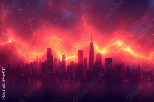 ethereal sunset cityscape with fiery red sky billowing smoke tendrils and abstract flamelike patterns skyscrapers silhouetted against vibrant backdrop dramatic wideformat composition photo