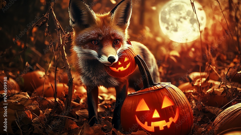 Fototapeta premium A charming fox holding a pumpkin, set against a spooky Halloween backdrop with a full moon and autumn leaves.