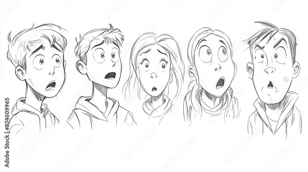 Several characters sketched in simple line art, each showing a unique expression of confusion, contemplation Several characters sketched in simple line art, each showing a unique expression of confusion, contemplation