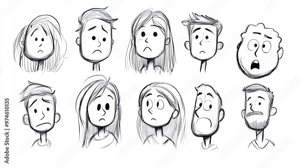 Several characters sketched in simple line art, each showing a unique expression of confusion, contemplation Several characters sketched in simple line art, each showing a unique expression of confusion, contemplation