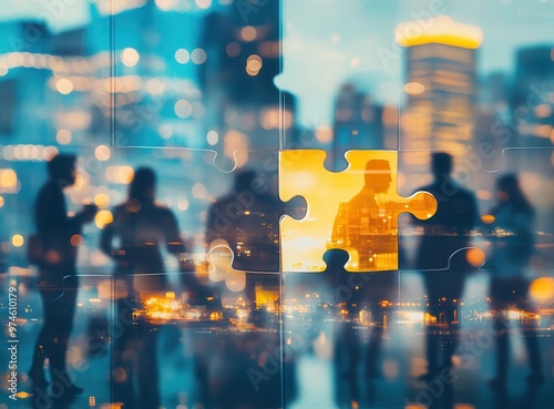 A photo of diverse business people holding puzzle pieces together, symbolizing collaboration and teamwork for success in the corporate world.