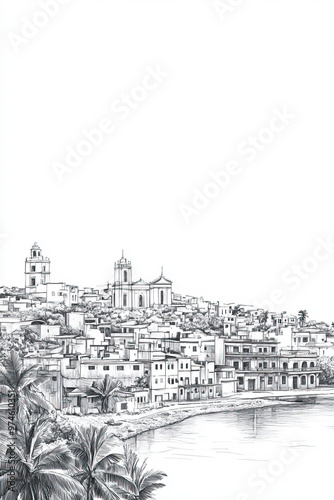 Camagey, Cuba, black and white pen pencil hand-drawn effect portrait drawing illustration for travel poster, card, wallpaper, backdrop or banner. Modern, clear, artistic and simple photo